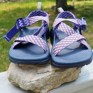 Little Girls SZ 2 Purple And Yellow Chaco Sandals With Purple Strap In EUC